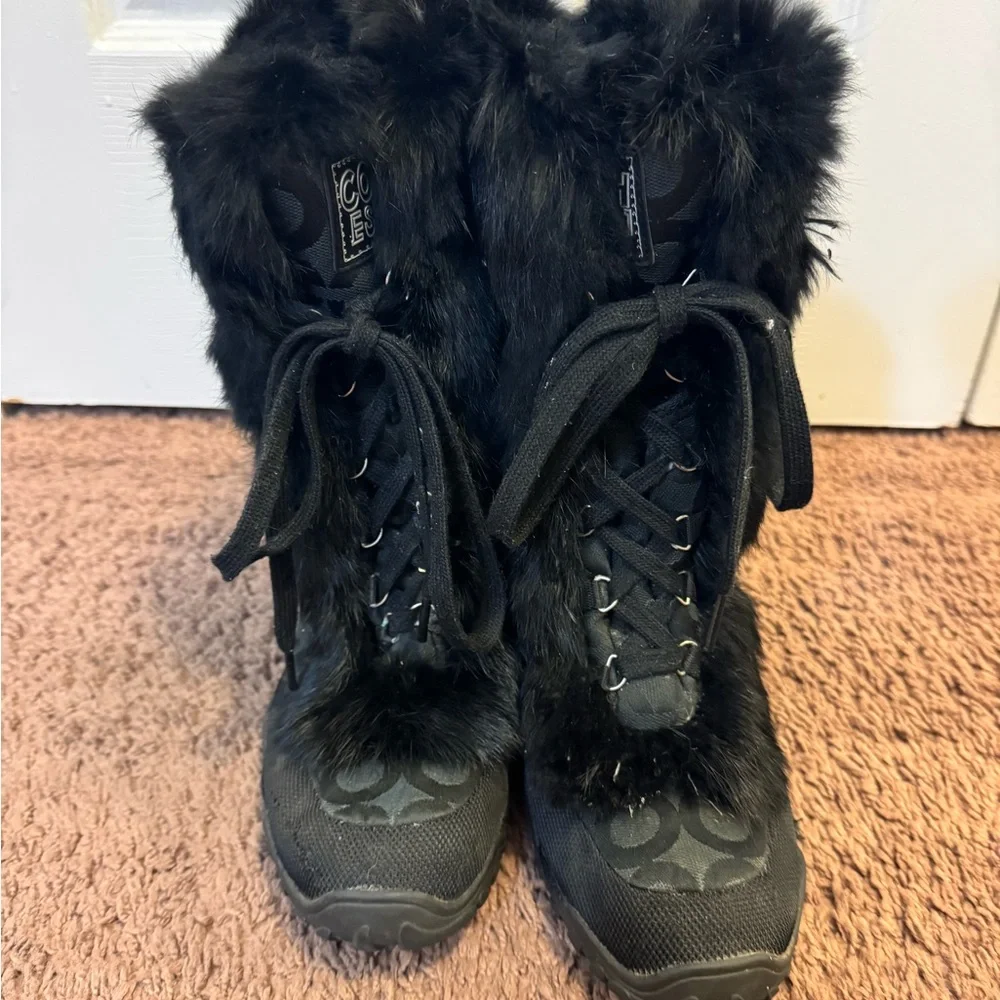 COACH Jennie Rabbit Fur Trim Monogram Snow Boots Black Size 9 - Picture 3 of 16